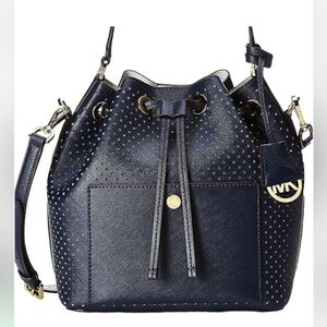 Michael Kors Greenwich Bucket Bag Navy Perforated Crossbody Handle Drawstring